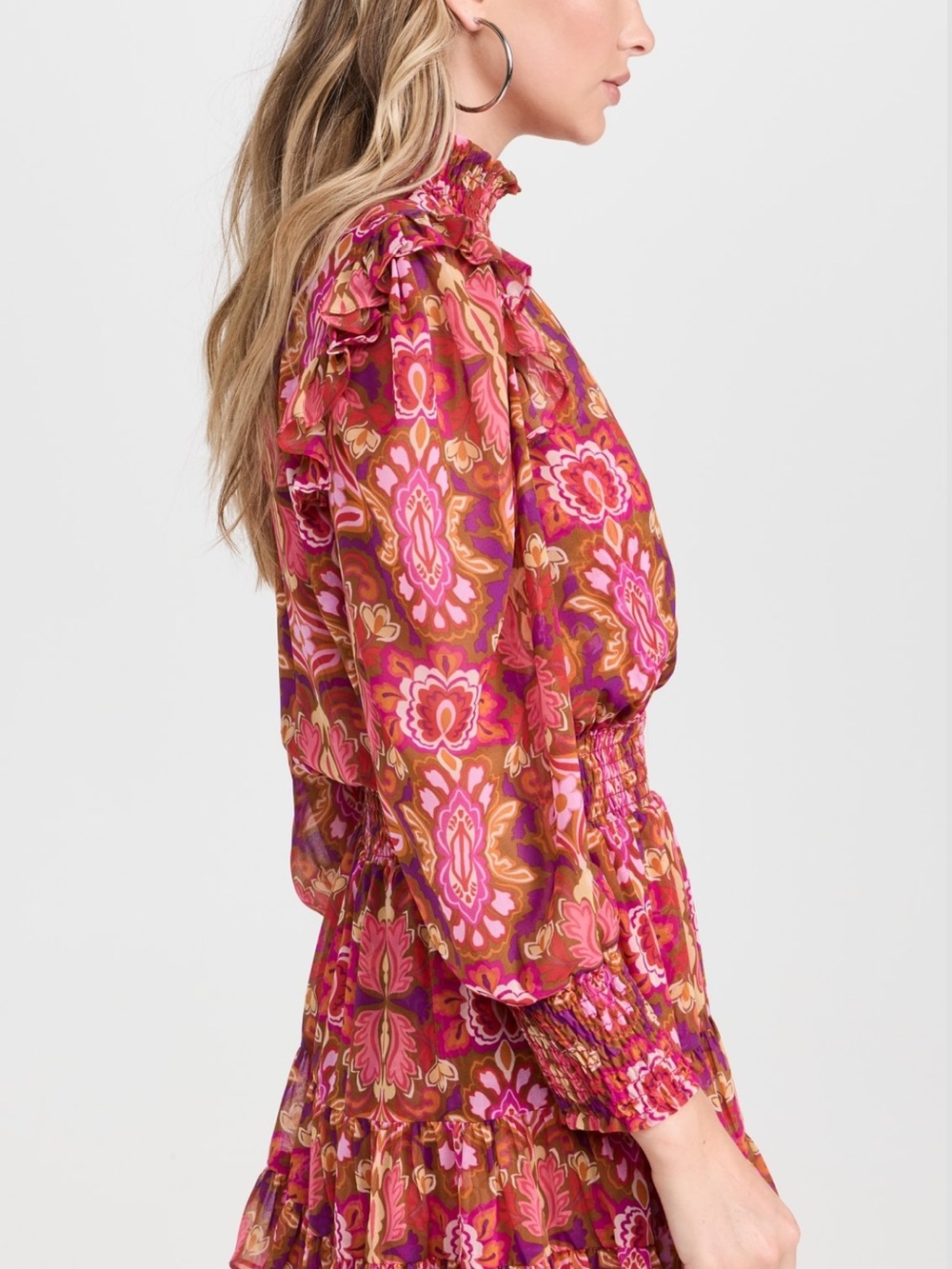 Misa Los Angeles Pink & Brown Floral Ruffle Neck Dress - Picture 3 of 7